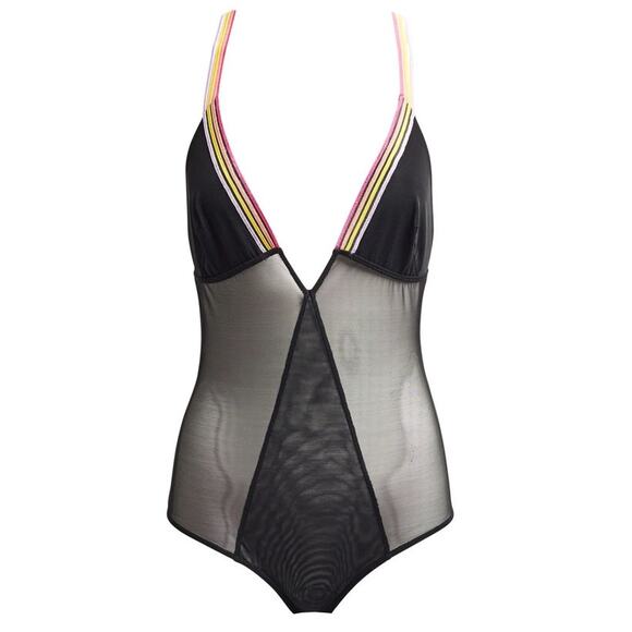 Morgan Lane Sienna Bodysuit Lingerie Sheer Black Italian Mesh Colorful Straps - Picture 1 of 10